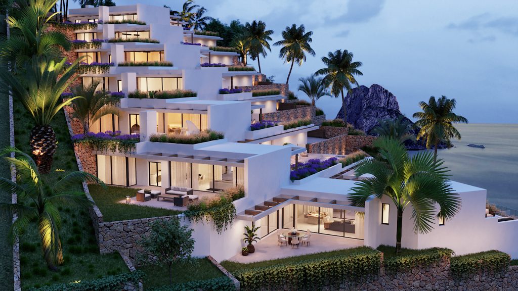7 Luxury villas for sale with private pools and sunset views in Cala Carbo, Ibiza.