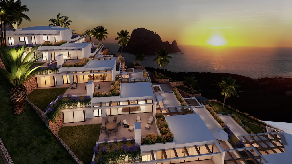 7 Luxury villas for sale with private pools and sunset views in Cala Carbo, Ibiza.